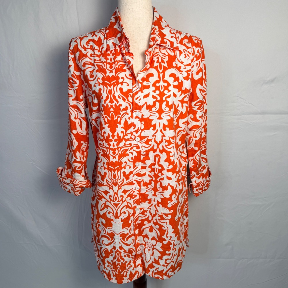 Multiples Orange White Damask Linen Blend Button Down Tunic Mini Dress Womens M